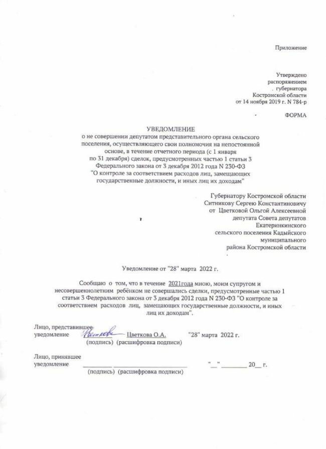 Уведомление о не совершении сделок депутатом представительного органа сельского поселения