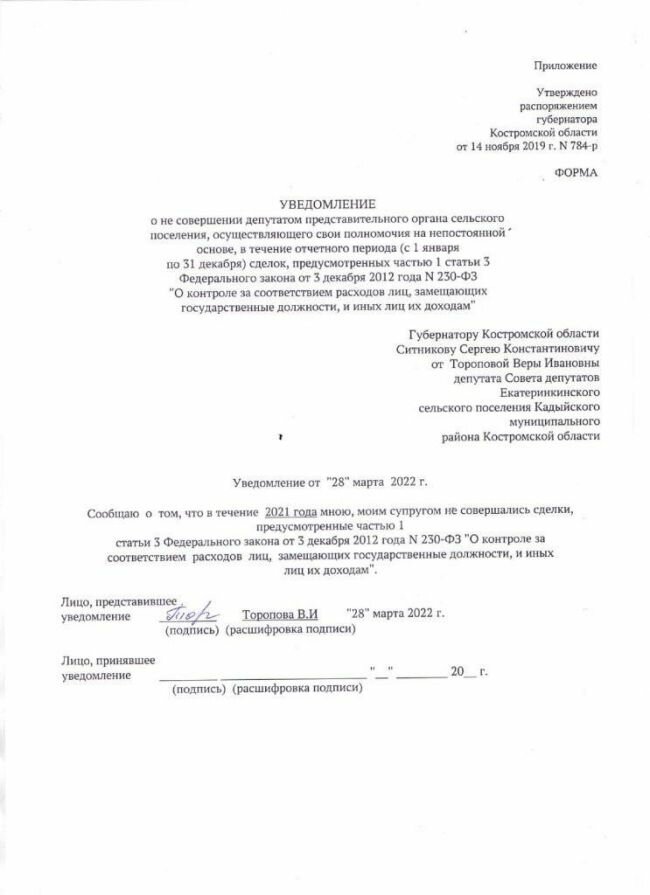 Уведомление о не совершении сделок депутатом представительного органа сельского поселения
