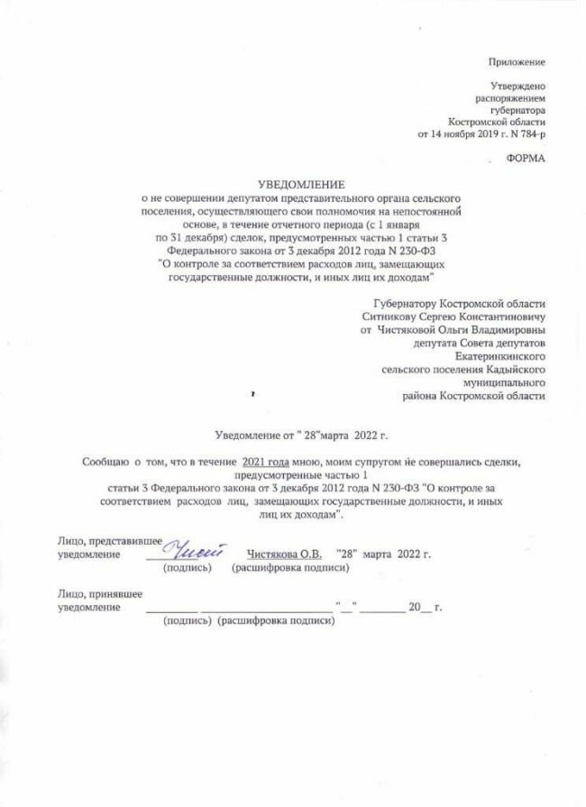 Уведомление о не совершении сделок депутатом представительного органа сельского поселения