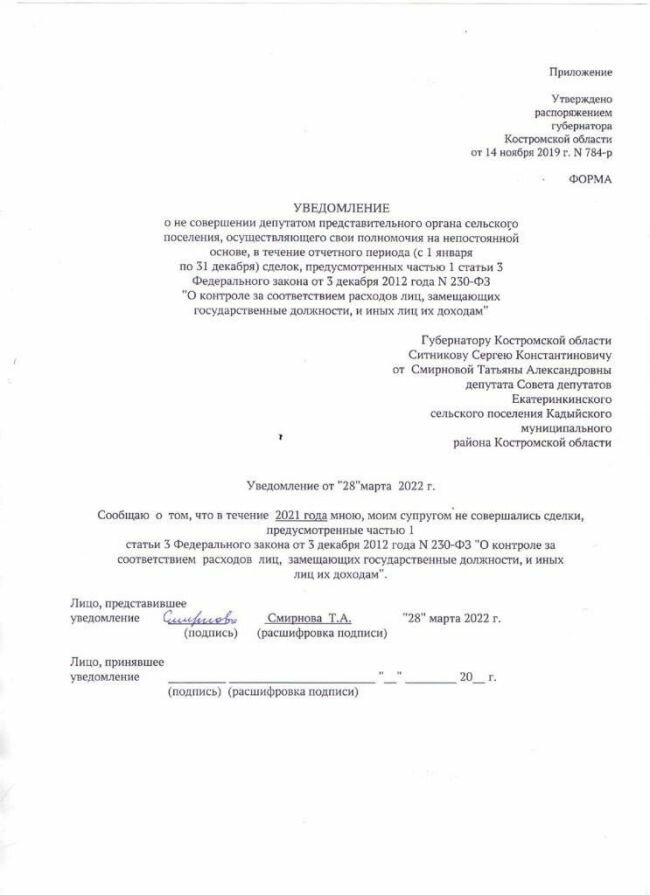 Уведомление о не совершении сделок депутатом представительного органа сельского поселения