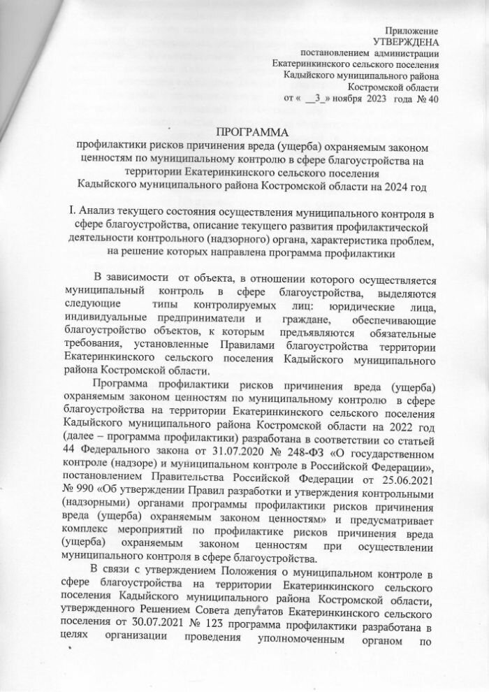 Об утверждении программы профилактики рисков причинения вреда (ущерба) охраняемым законом ценностям по муниципальному контролю в сфере благоустройства на территории Екатеринкинского сельского поселения Кадыйского муниципального района Костромской области на 2024 год