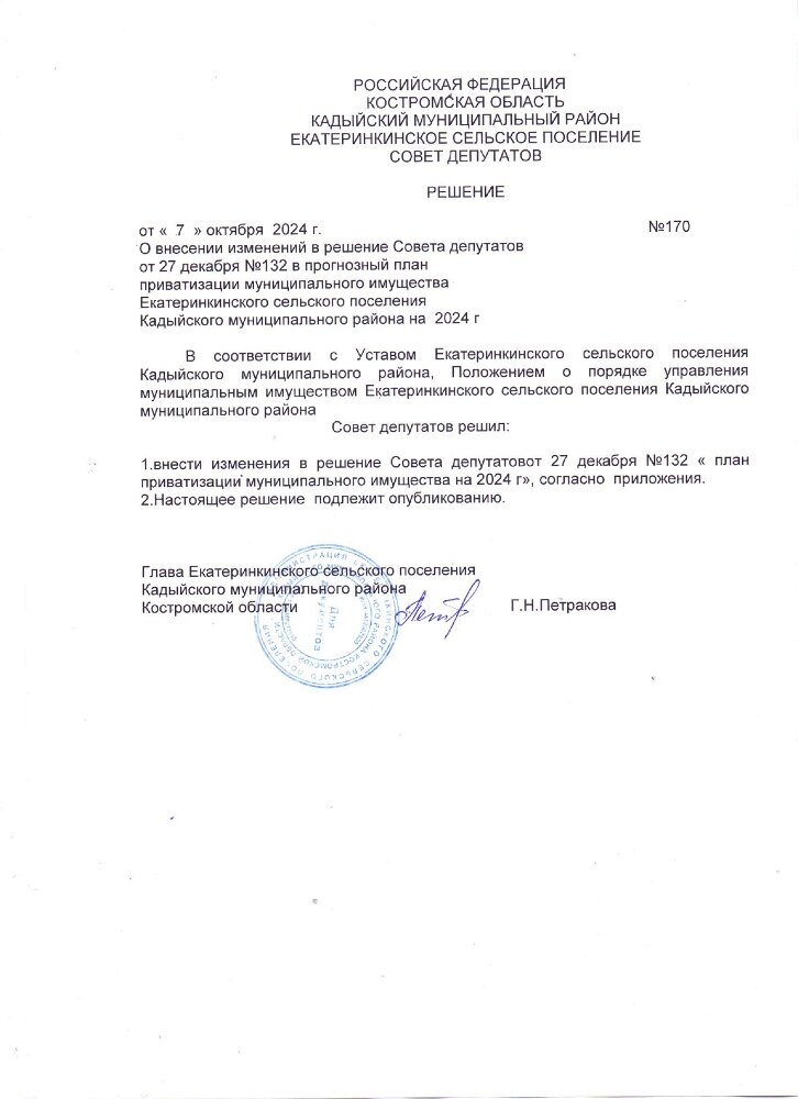 О внесении изменений в решение Совета депутатов от 27 декабря № 132 в прогнозный план приватизации муниципального имущества Екатерининского сельского поселения Кадыйского муниципального района на 2024 г