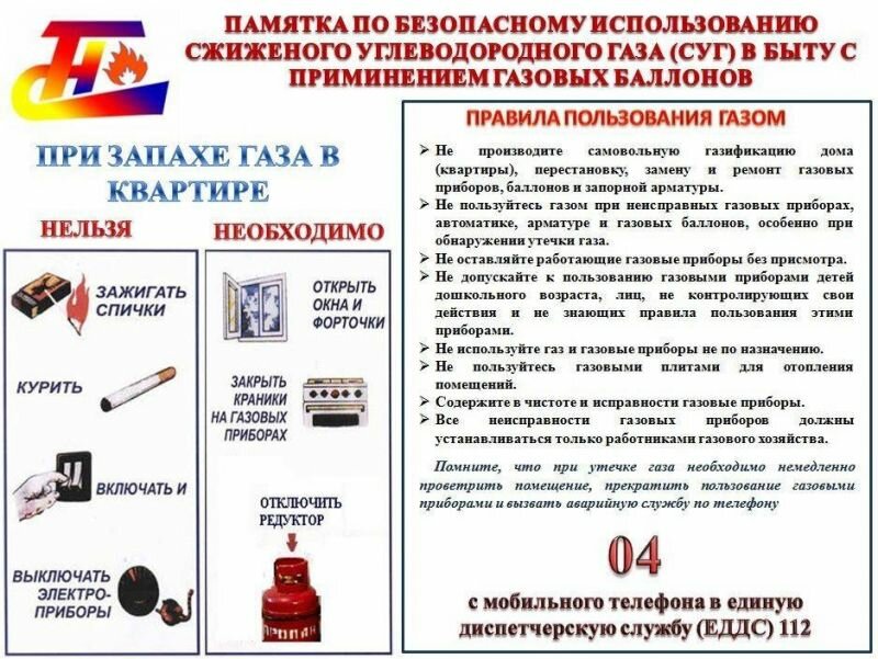 Памятка по безопасному использованию сжиженного углеводородного газа в быту с применением газовых баллонов